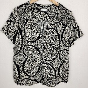 Croft & Barrow Black White Floral Button Front V-Neck Top PXL Petite Office Chic